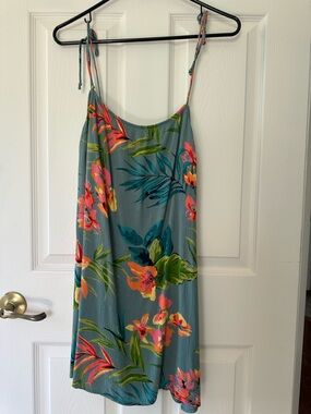 Billabong Teal Tropical Slip Dress with Coral and Lime Floral Print